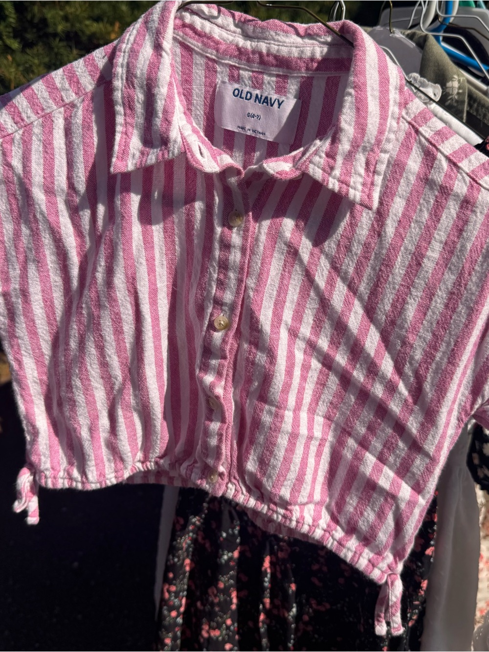 Old Navy Pink & White Striped Cropped Button-Down Shirt - Kids
